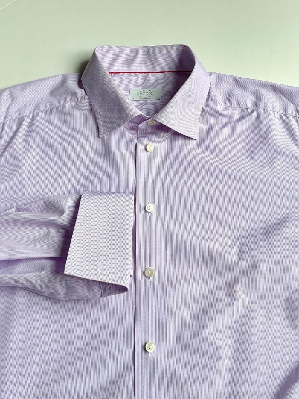 ETON contemporary thin striped purple F cuff cotton shirt Sz 17.5made in Romania